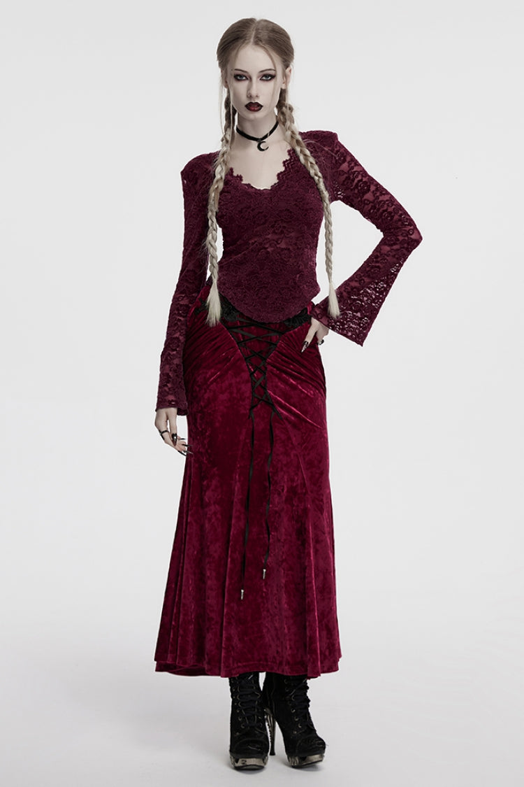 Red V Collar Long Sleeves Lace Sheer Women's Gothic Blouse - Product - 4