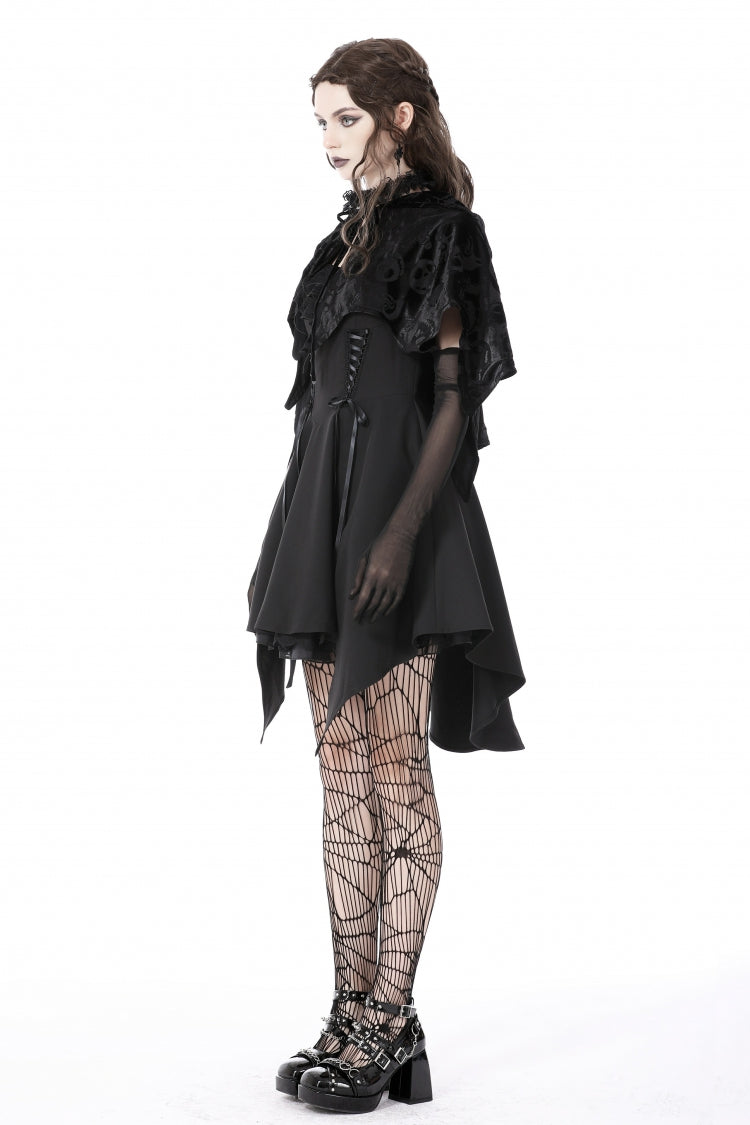 Black Skull Printed Front Lace-Up Women's Gothic Velvet Cape with Hood - Product - 6