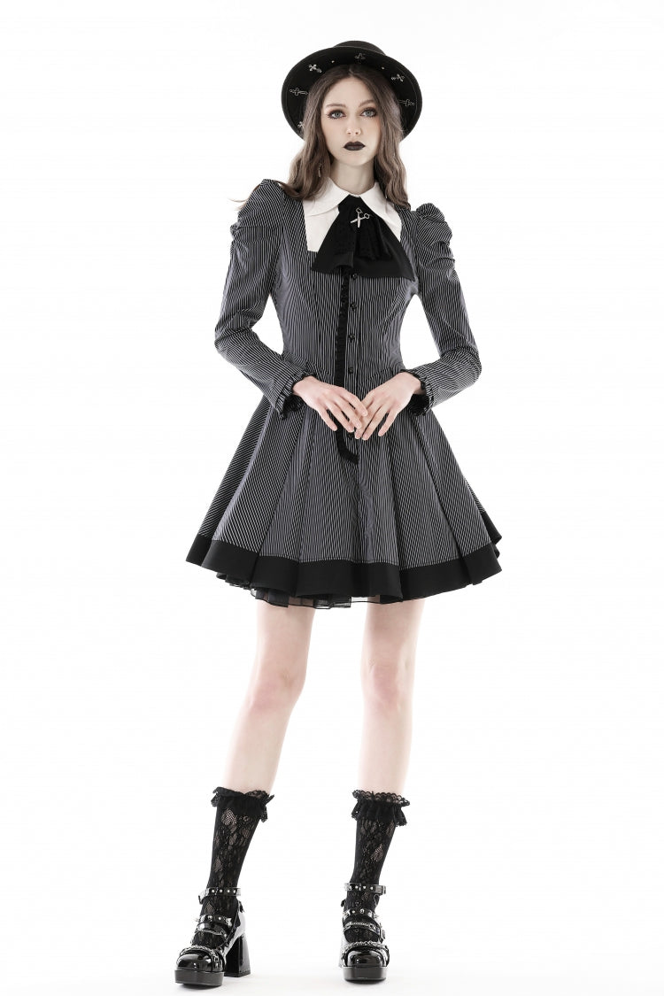 Black/White Lapel Collar Long Puff Sleeves Women's Gothic Striped Preppy Style Dress - Product - 6