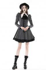 Black/White Lapel Collar Long Puff Sleeves Women's Gothic Striped Preppy Style Dress - Product - 6