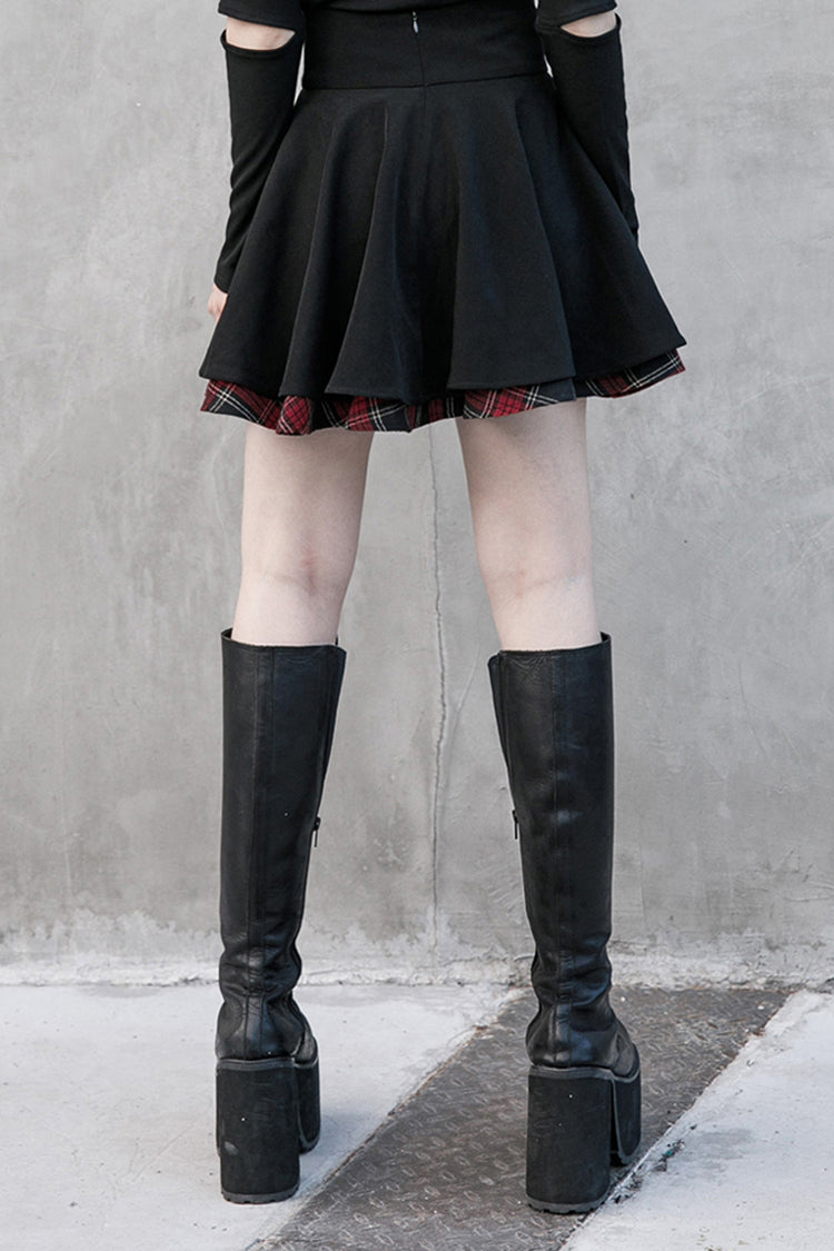 Black/Red Splice Plaid Metal Zipper Decoration Pleated Women's Punk Skirt - Product - 3