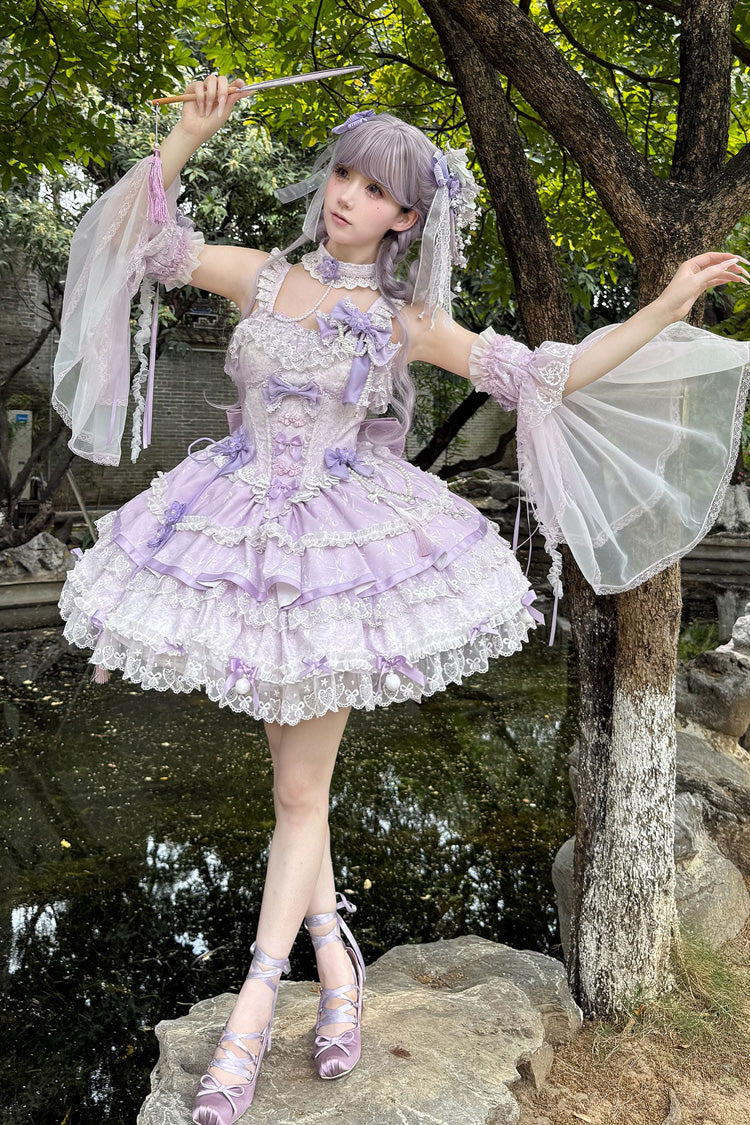 Purple [Prelude of Spring Cherry] Square Collar Sleeveless Multi-Layered Jacquard Ruffled Bow Lace Pearl-Decorated Sweet Lolita Jsk Dress - Product - 7
