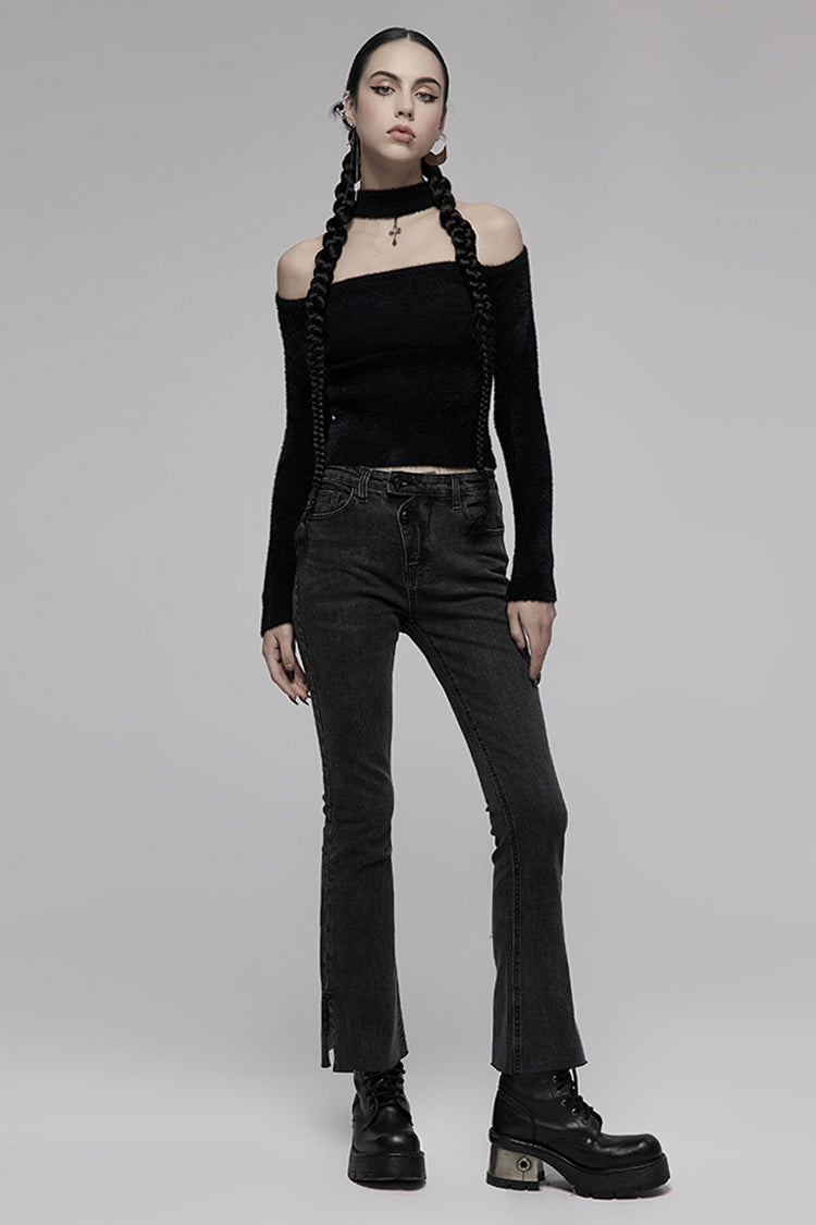 Black Knitted Tight Hollow-Carved Design Metal Cross Decoration Long Sleeve Women's Punk Top - Product - 4
