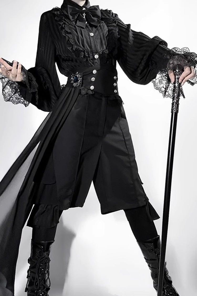 Black [Eternal City] Long Sleeves Lace Gothic Prince Medieval Ouji Lolita Blouse Knee-Length Shorts Set - Product - 9