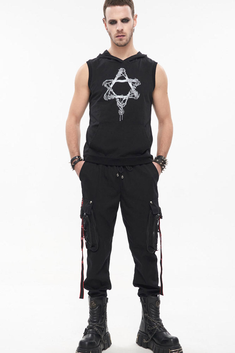 Black Punk Multi Pocket Webbing Decorative Drawstring Men's Long Pants - Product - 6