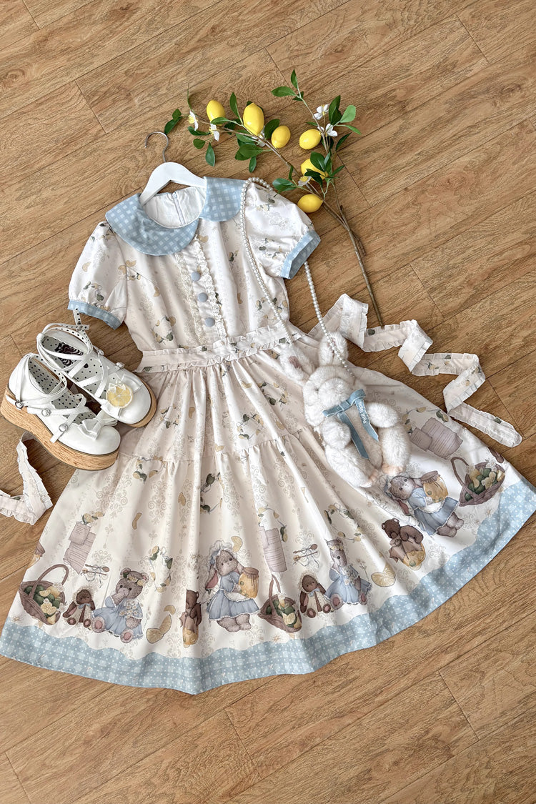 Ivory [Midsummer Bunny Bear] Printed Ruffled Bow Sweet Lolita Dress 2 Versions - Ivory(OP) - 6