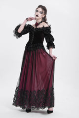 Red Off Shoulder Long Sleeves Ruffle Embroidery Lace-Up Women's Gothic Blouse - Product - 6