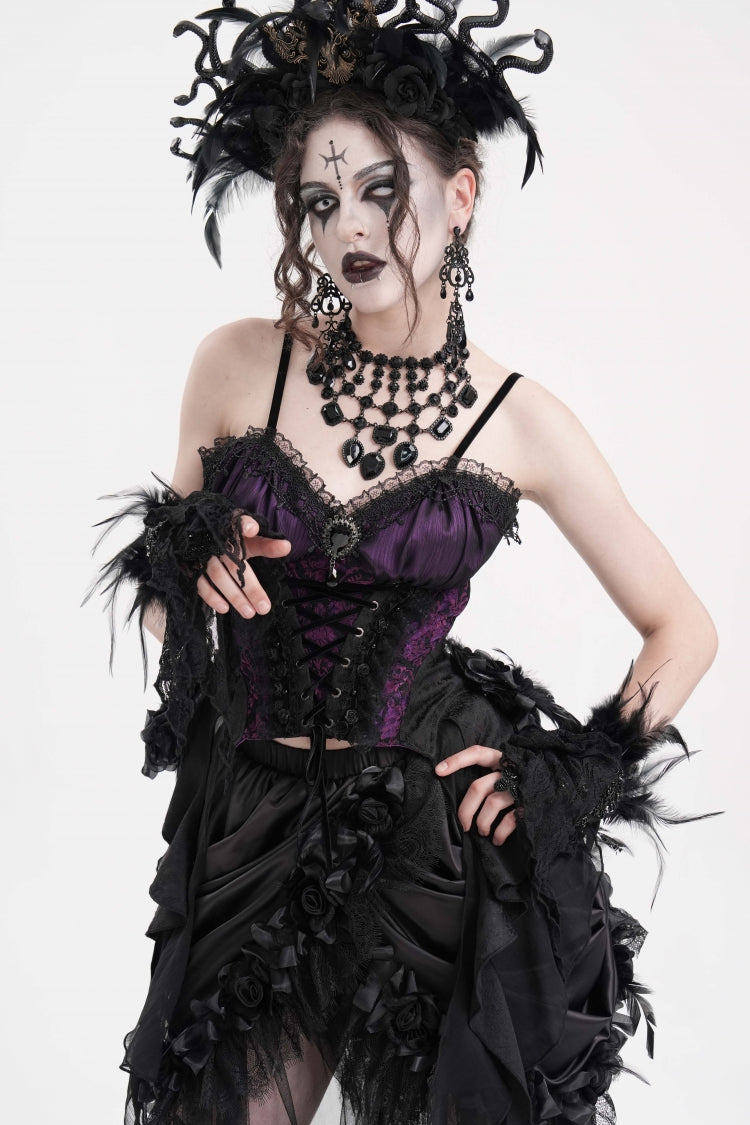 Purple Lace Lace-Up Women's Gothic Overbust Corset - Purple - 1