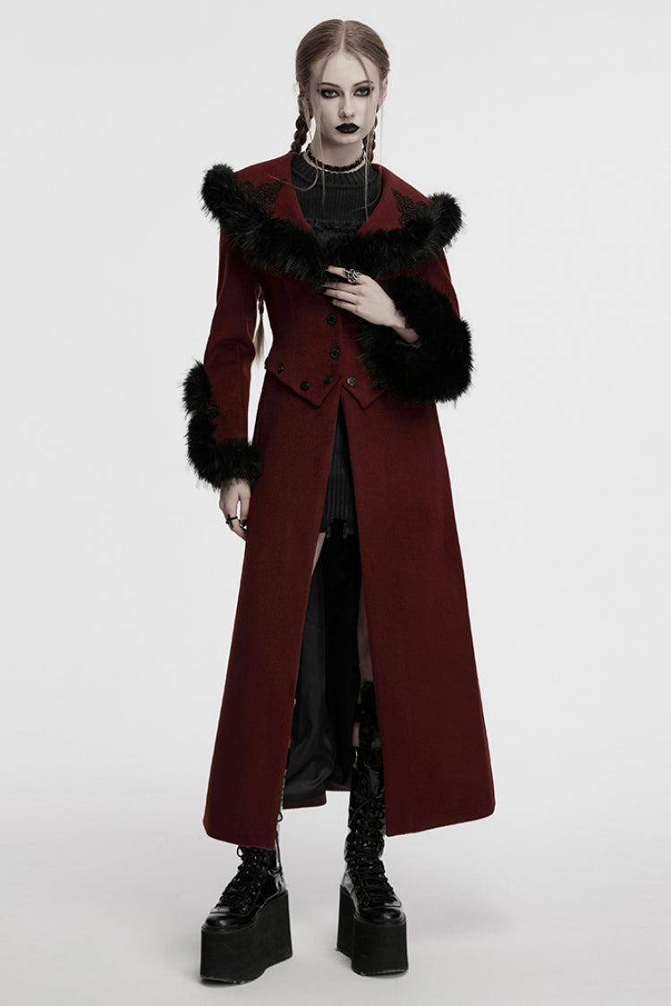 Red Long Sleeves Faux Fur Stitching Lace-Up Detachable Women's Gothic Coat - Product - 4