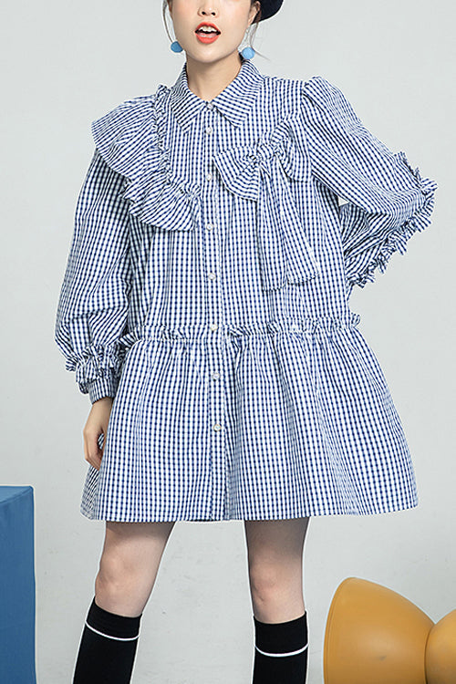 Blue Plaid Print Bow Ruffled Long Sleeves Single Breasted Sweet Lolita OP Dress - Blue - 1