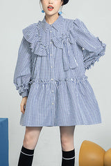 Blue Plaid Print Bow Ruffled Long Sleeves Single Breasted Sweet Lolita OP Dress - Blue - 1