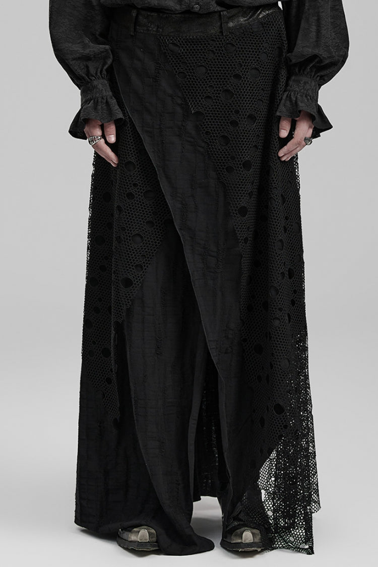Black Stitching Irregular Mesh Ripped Men's Gothic Long Skirt - Black - 1