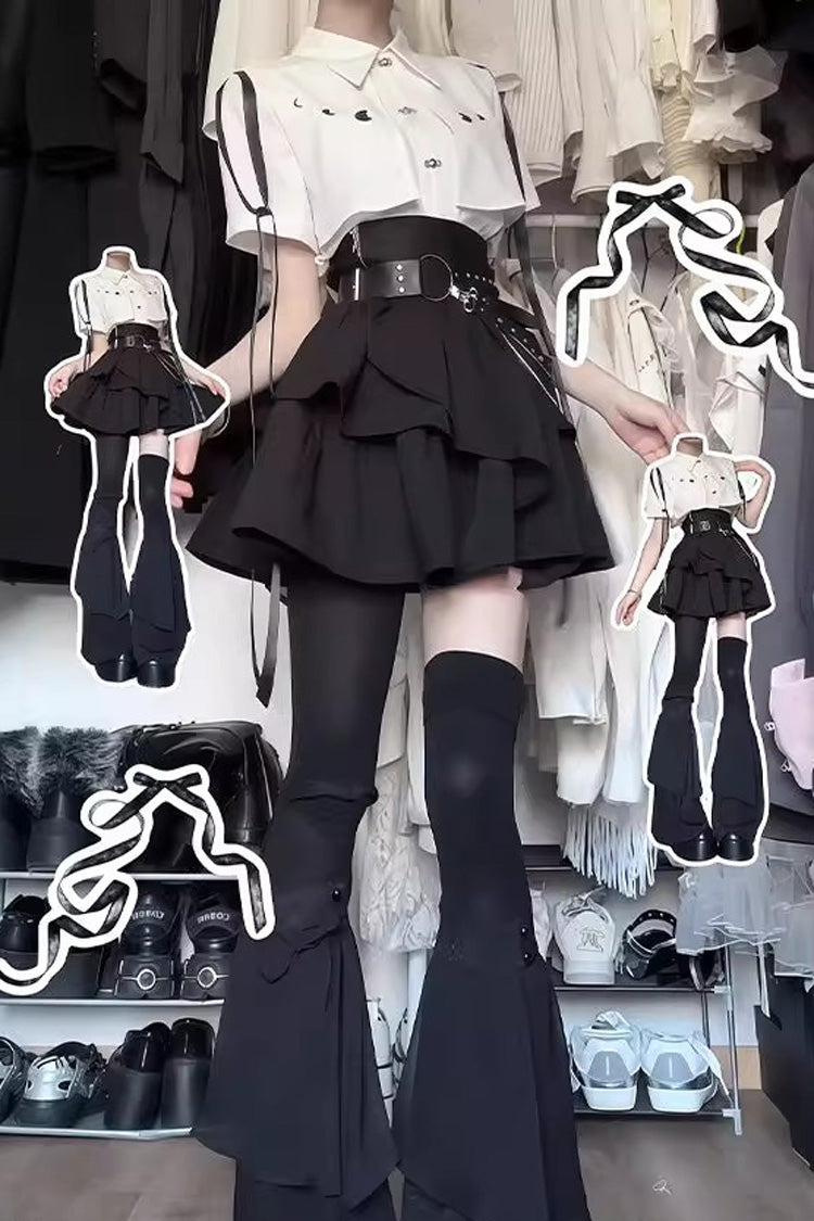 Black/White Short Sleeves Ruffle Asymmetric Gothic Jirai Kei Skirt Blouse Set - Product - 3