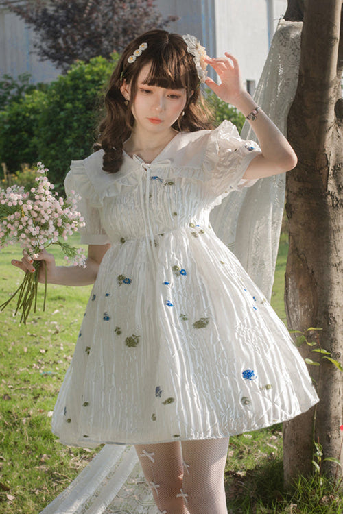 White French Lapel Collar Bubble Short Sleeves Floral Print High Waisted Sweet Lolita Dress - Product - 2