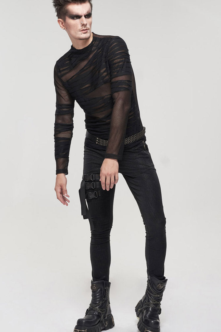 Black Gothic Bandage Design Net Yarn Perspective Men's Sweater - Product - 9