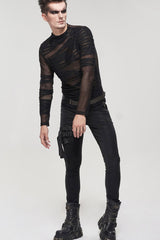Black Gothic Bandage Design Net Yarn Perspective Men's Sweater - Product - 9