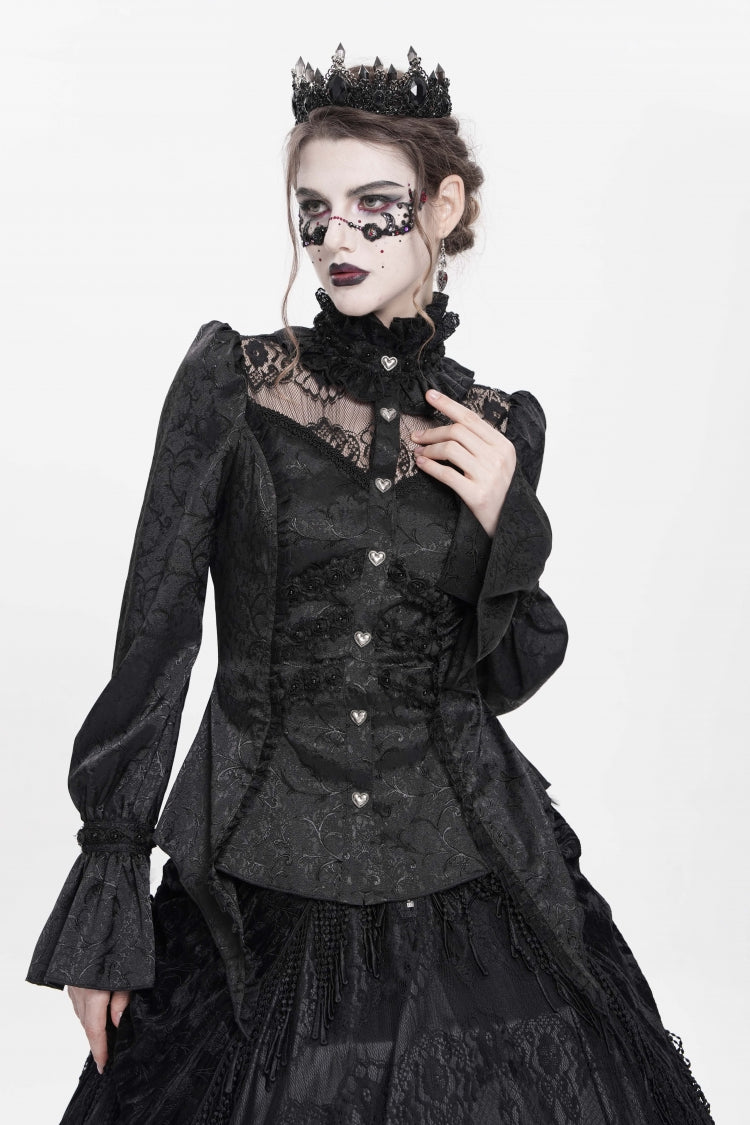 Black Stand Collar Long Sleeves Jacquard Hollow Lace Women's Gothic Blouse - Product - 4