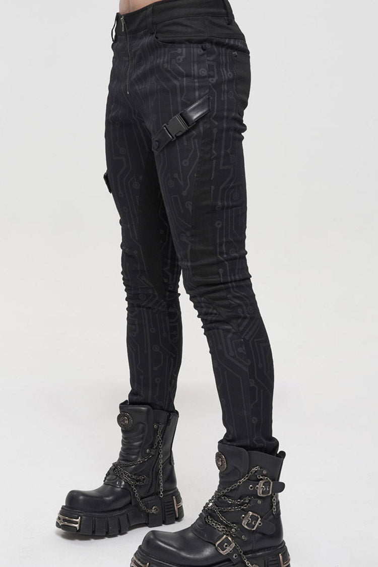 Black Punk Casual Circuit Diagram Print Asymmetric Decoration Men's Long Pants - Product - 6