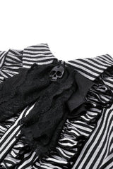 Black/White Skull Lace Jabot Striped Lapel Collar Long Sleeves Ruffled Women's Lolita Gothic Blouse - Product - 14
