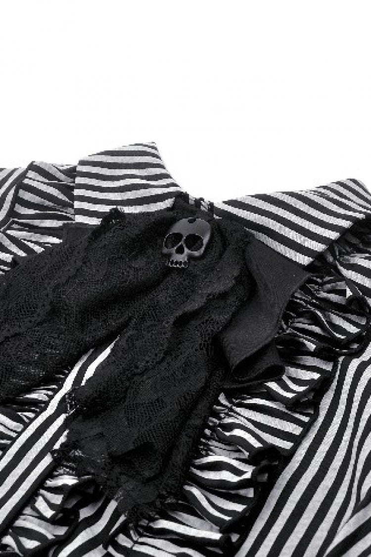 Black/White Skull Lace Jabot Striped Lapel Collar Long Sleeves Ruffled Women's Lolita Gothic Blouse - Product - 14