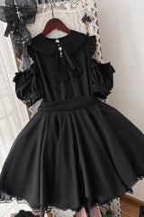 Black [Oath] Lapel Collar Off Shoulder Short Sleeves Bow Gothic Lolita Dress - Product - 3
