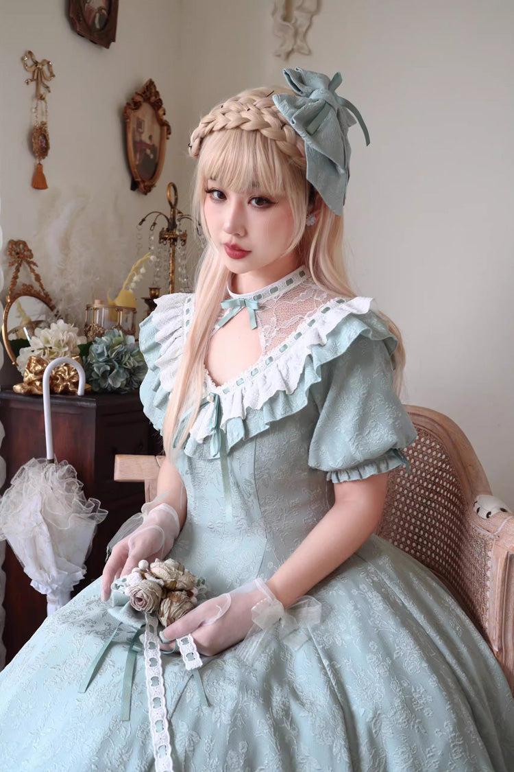 Green Short Sleeves Ruffle Bowknot Sweet Princess Lolita Dress - Product - 5