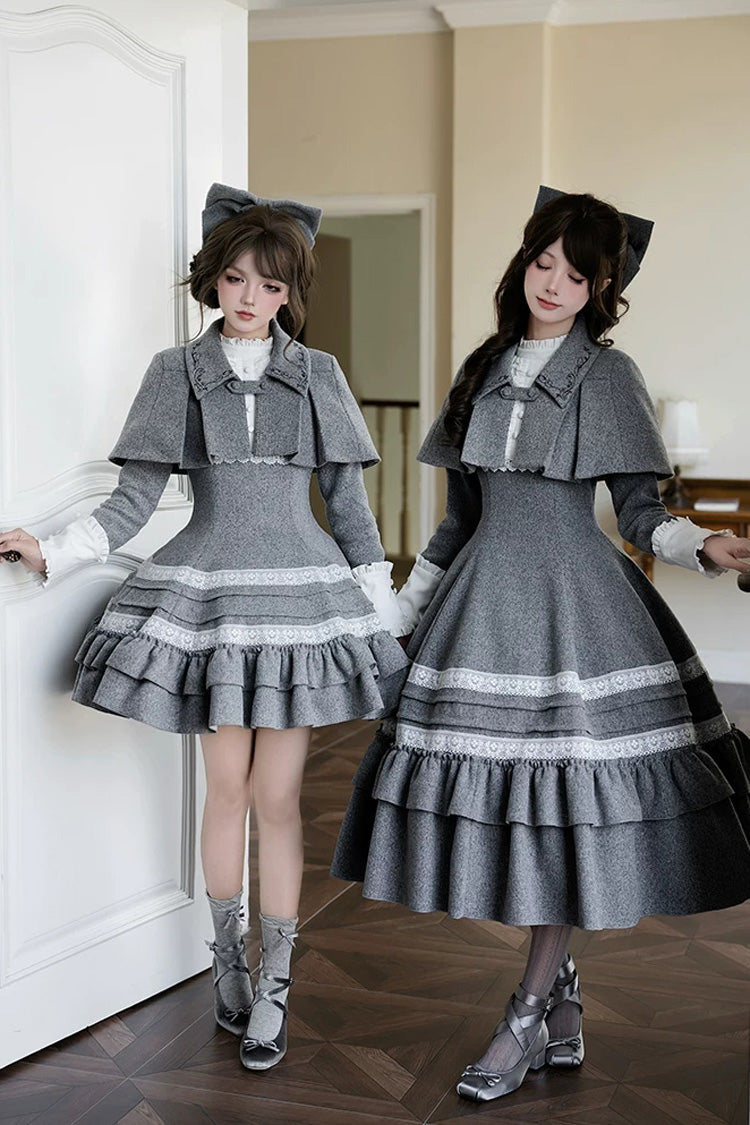 Grey [Letters and Poems · Old Memories] Stand Collar Long Sleeves Double-Layered Ruffled Bow Classic Elegant Lolita Dress 2 Versions - Product - 5