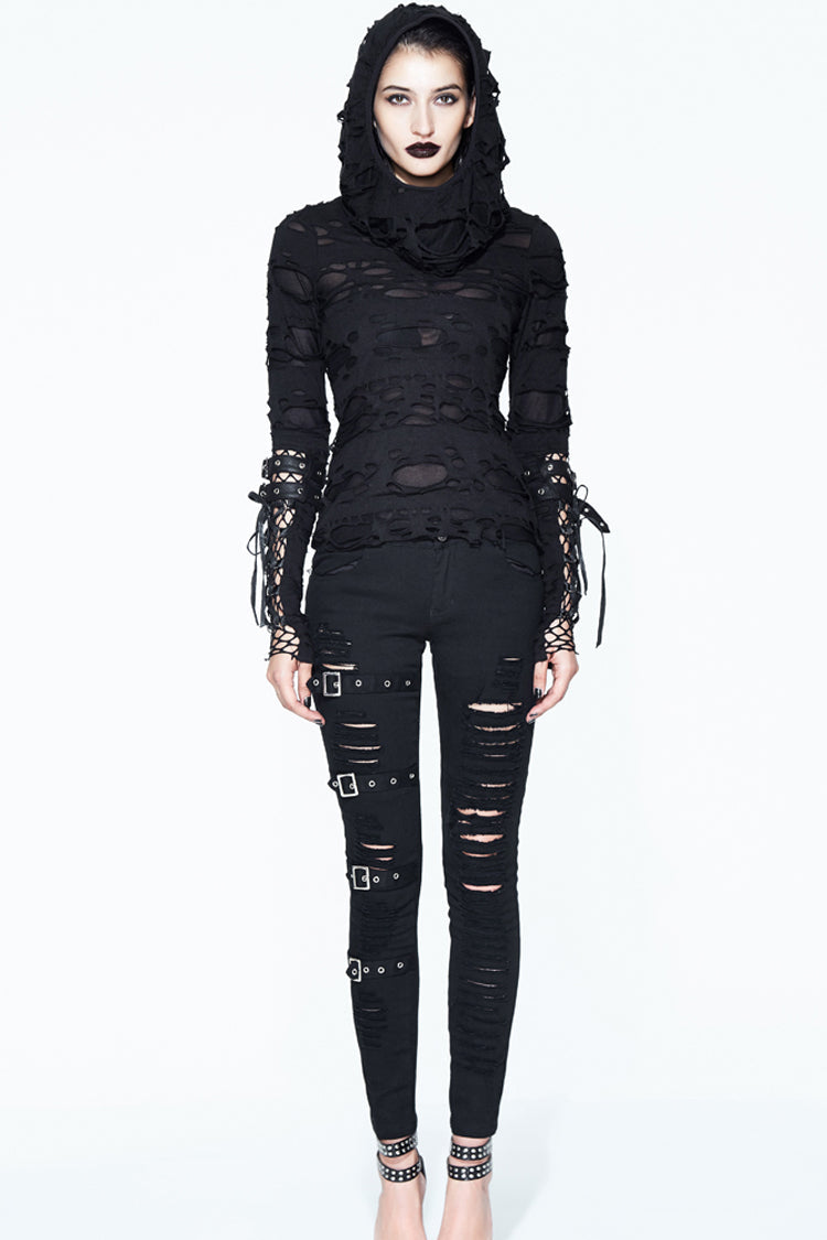 Black Hooded Ripped Finger Covered Splice Mesh Leather Loop Lace Up Women's Punk Shirt - Product - 4