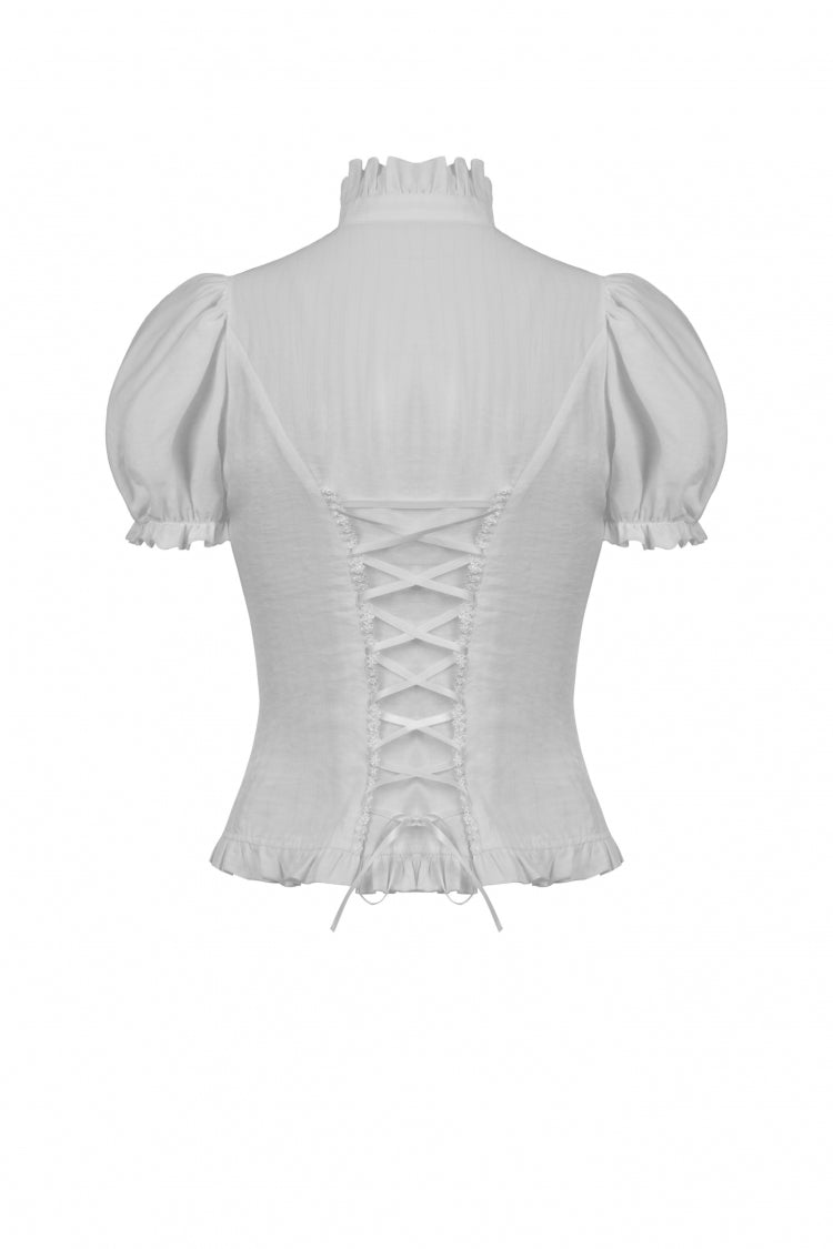 White Short Puff Sleeves Ruffled Neckline Lace Lace-Up Women's Gothic Blouse - Product - 11