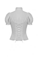 White Short Puff Sleeves Ruffled Neckline Lace Lace-Up Women's Gothic Blouse - Product - 11