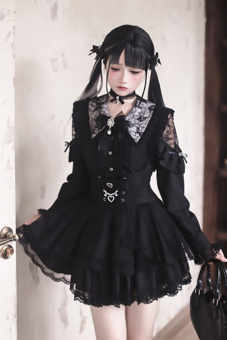 Black [Dreamy Love Ballad] Lapel Collar Long Sleeves Double-Layered Ruffled Cut-Out Bow Gothic Japanese Jirai Kei Skirt Set - Product - 3