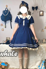 Little Sea Whale Navy Sailor Short Sleeves Sweet Lolita OP Dress 3 Colors - Dark Blue - 2