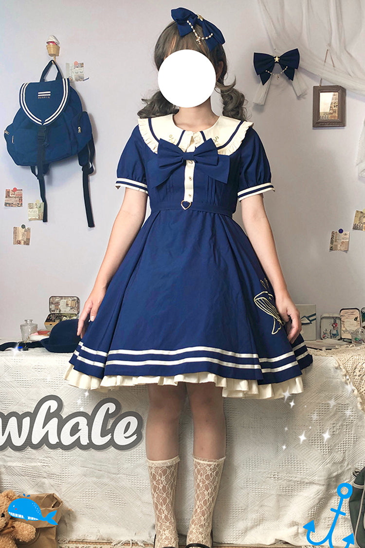 Little Sea Whale Navy Sailor Short Sleeves Sweet Lolita OP Dress 3 Colors - Dark Blue - 2