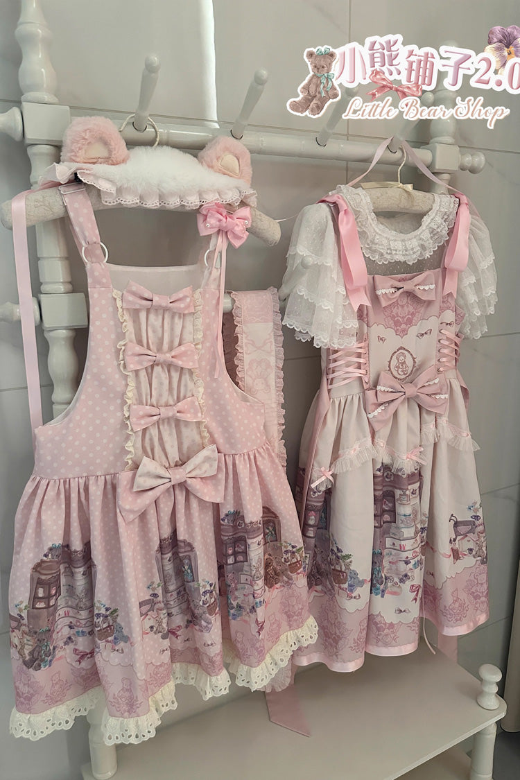 Pink [Little Bear Shop] Print Sleeveless Bowknot Lace Sweet Princess Lolita Jsk and Strap Dress - Product - 7