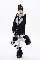 [Striped Bunny Ears] Long Sleeves Heart Print Embroidery Hooded Zipper Sweet Jirai Kei Cool Lolita Coat 2 Colors - Product - 8