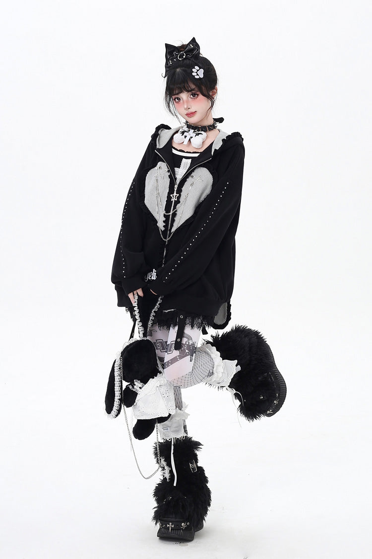 [Striped Bunny Ears] Long Sleeves Heart Print Embroidery Hooded Zipper Sweet Jirai Kei Cool Lolita Coat 2 Colors - Product - 8