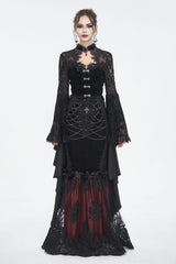 Black Long Trumpet Sleeves Stitching Lace Women's Gothic Blouse - Product - 4