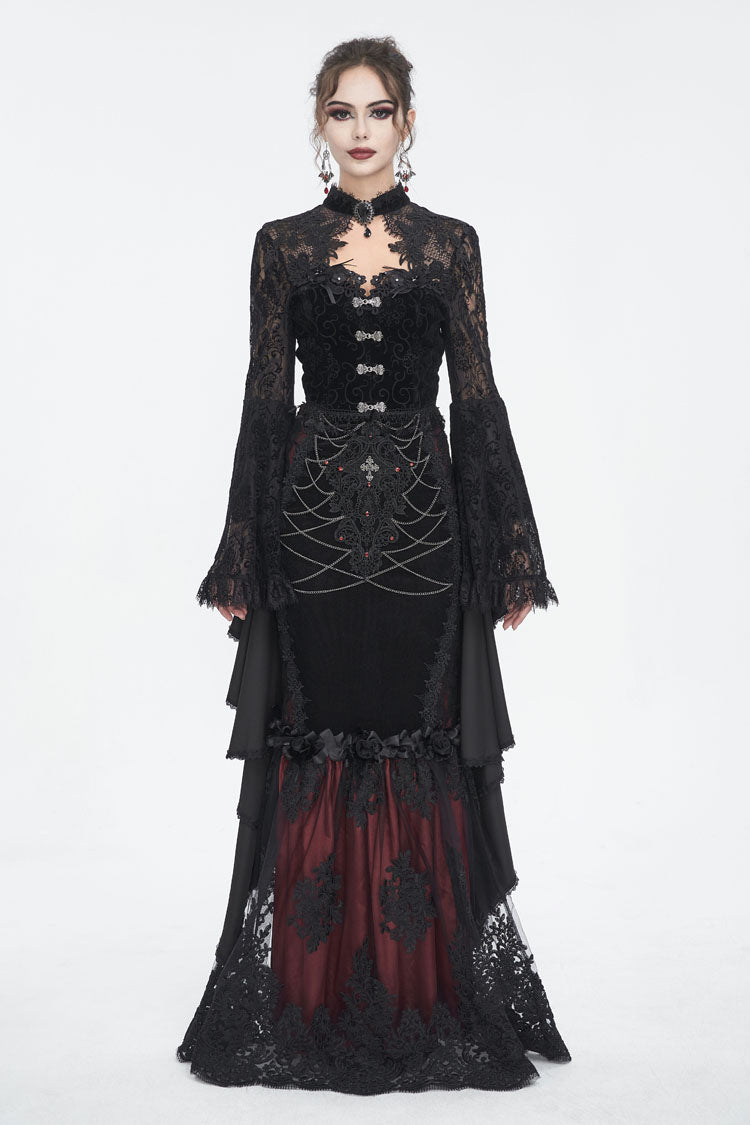 Black Long Trumpet Sleeves Stitching Lace Women's Gothic Blouse - Product - 4