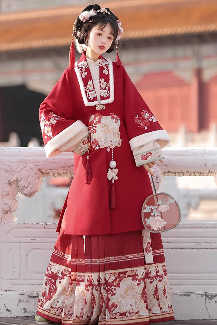 Red Classic Chinese Style V Collar Embroidery Long Sleeves Womens Hanfu Three Piece - Product - 3