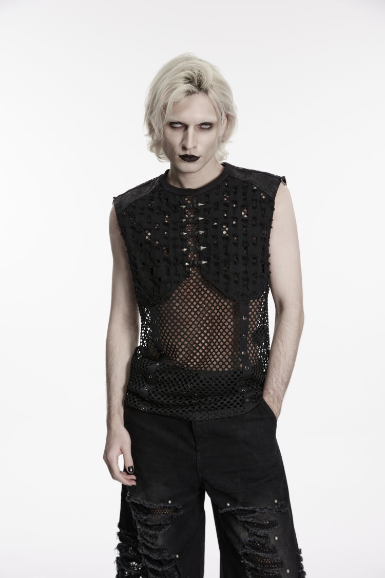 Black Spliced Mesh Ripped Studded Eyelet Men's Punk Cool Vest - Black - 1