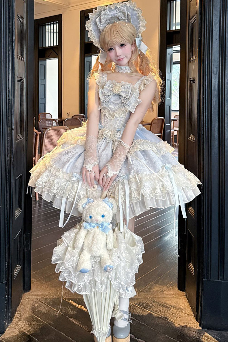 Blue [Blossoming Heart Love ] Sleeveless Dark Jacquard Print Bowknot Lace Sweet Lolita Jsk Dress - Blue - 1