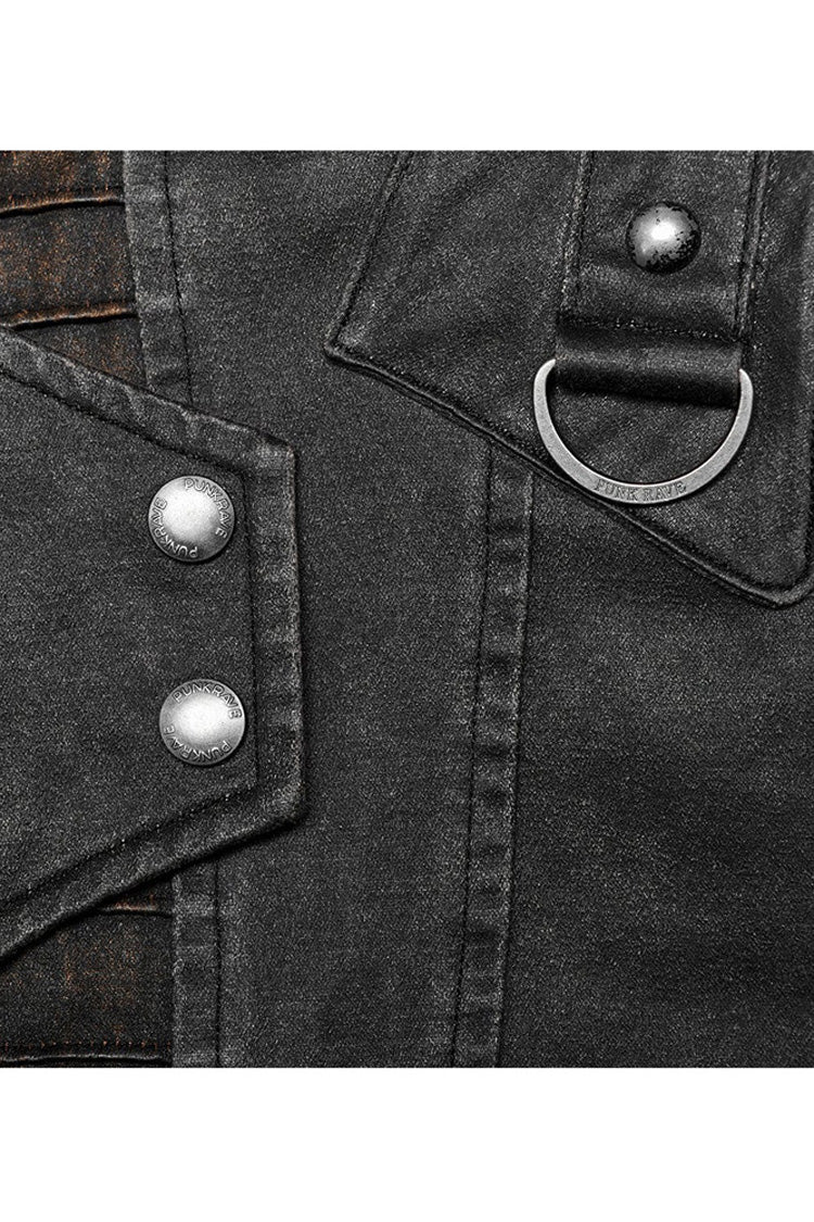 Grey Punk Post Apocalyptic Stitching Asymmetric High Neck Metal Embellished Short Loose Men's Coat - Product - 7
