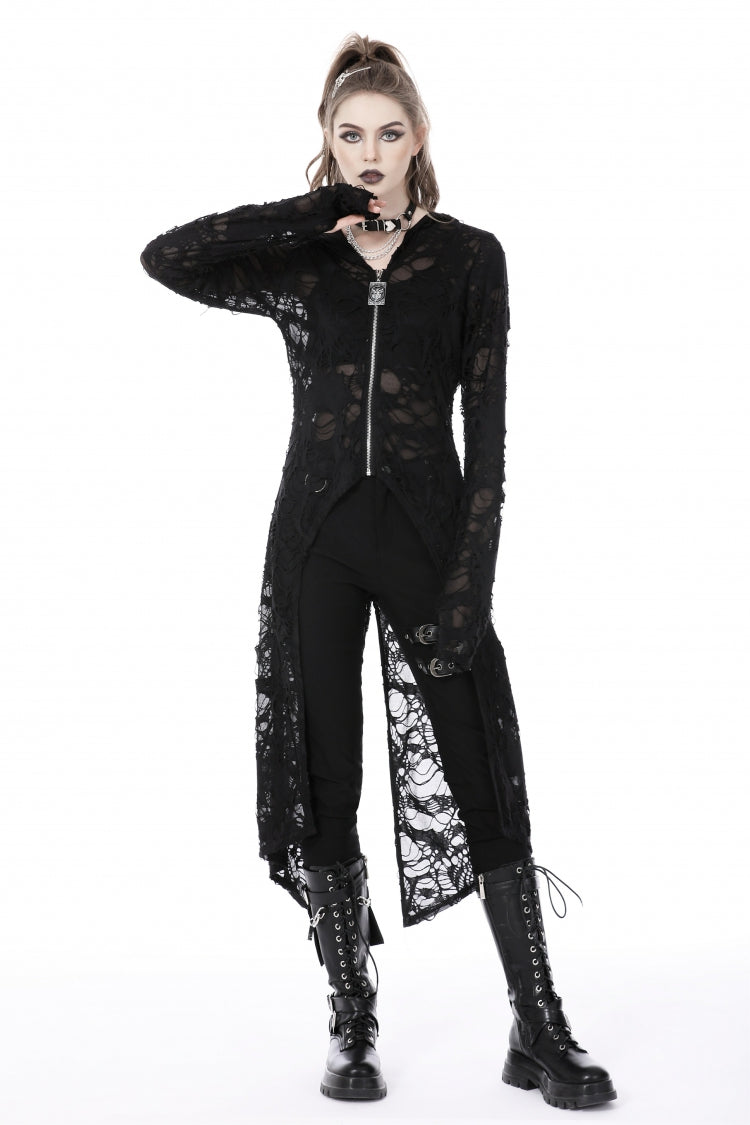 Black Long Sleeves Split Ripped Zippered Women's Punk Long Coat with Hood - Product - 10