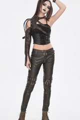 Brown Asymmetric Studded Buckled Eyelet Women's Punk Accessory Faux Leather Harness - Product - 4