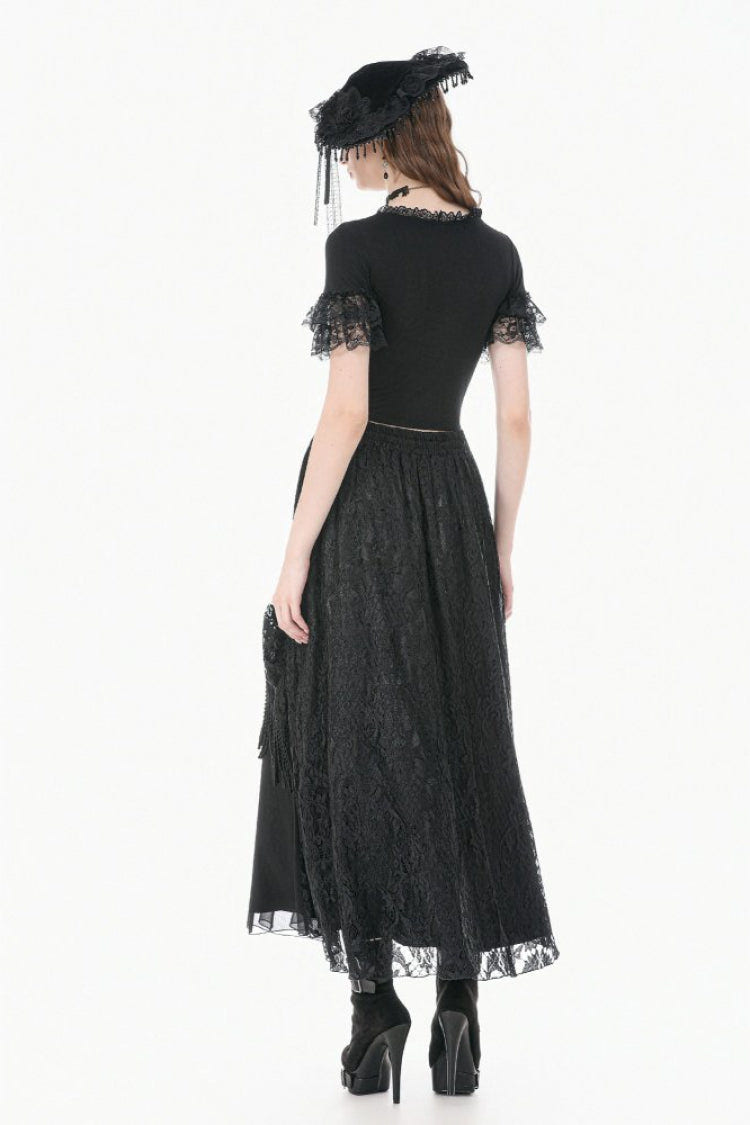 Black Women's Gothic Square Collar Double-Layered Lace Short Sleeves Embroidered Slim Fit Top - Product - 11