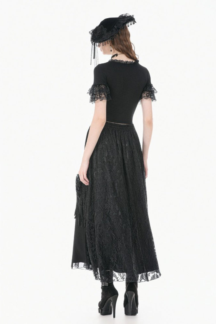 Black Women's Gothic Square Collar Double-Layered Lace Short Sleeves Embroidered Slim Fit Top - Product - 11