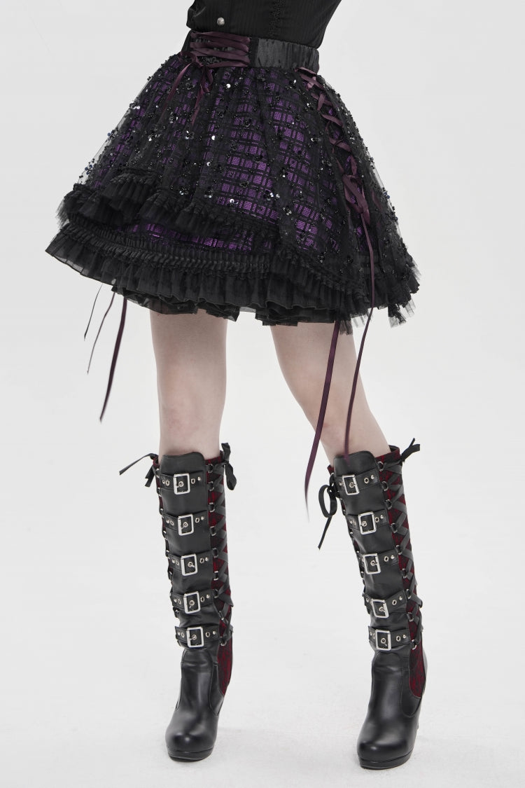 Black/Purple Multi-Layered Lace Lace-Up Women's Gothic Skirt - Product - 10
