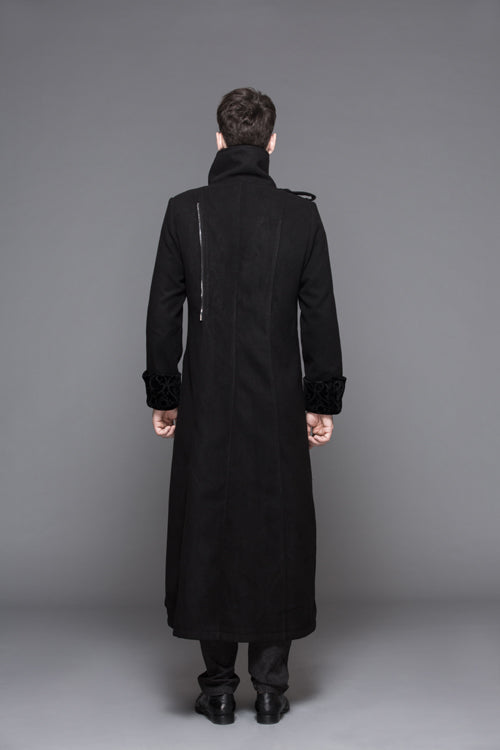 Black Detachable One Sided Shawl Double Sided Woollen Thick Mens Punk Long Coat - Product - 8