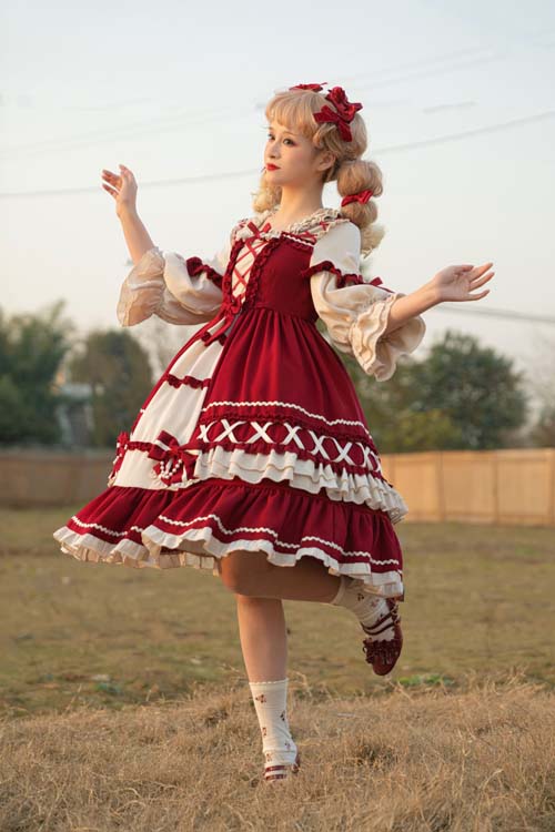 Square Neck Long Sleeve Ruffled Sweet Lolita OP Dress - Product - 4