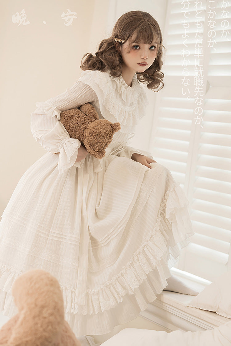 White [Good Night] Long Sleeves Double-Layered Ruffle Bowknot Lace-Up Holy Sweet Lolita Dress - Product - 7
